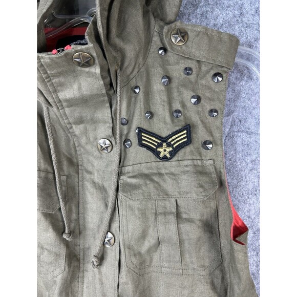 LOVE TREE Olive Green Linen Sleeveless Cinched Waist Military Hooded Vest Sz M - Picture 2 of 9